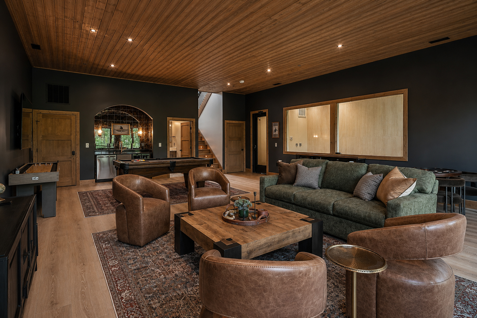 Lower-level game room with wood-slat ceiling and leather seating