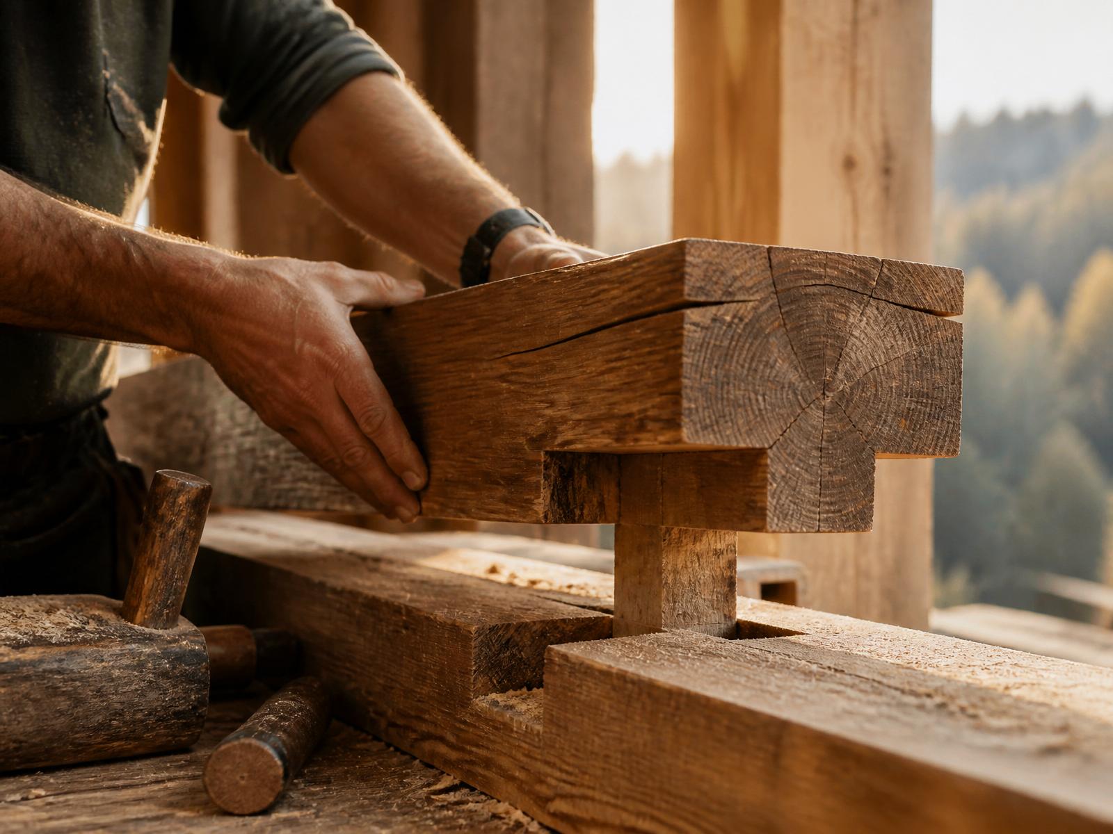 A craftsman fitting a hand-hewn timber joint on a luxury cabin build