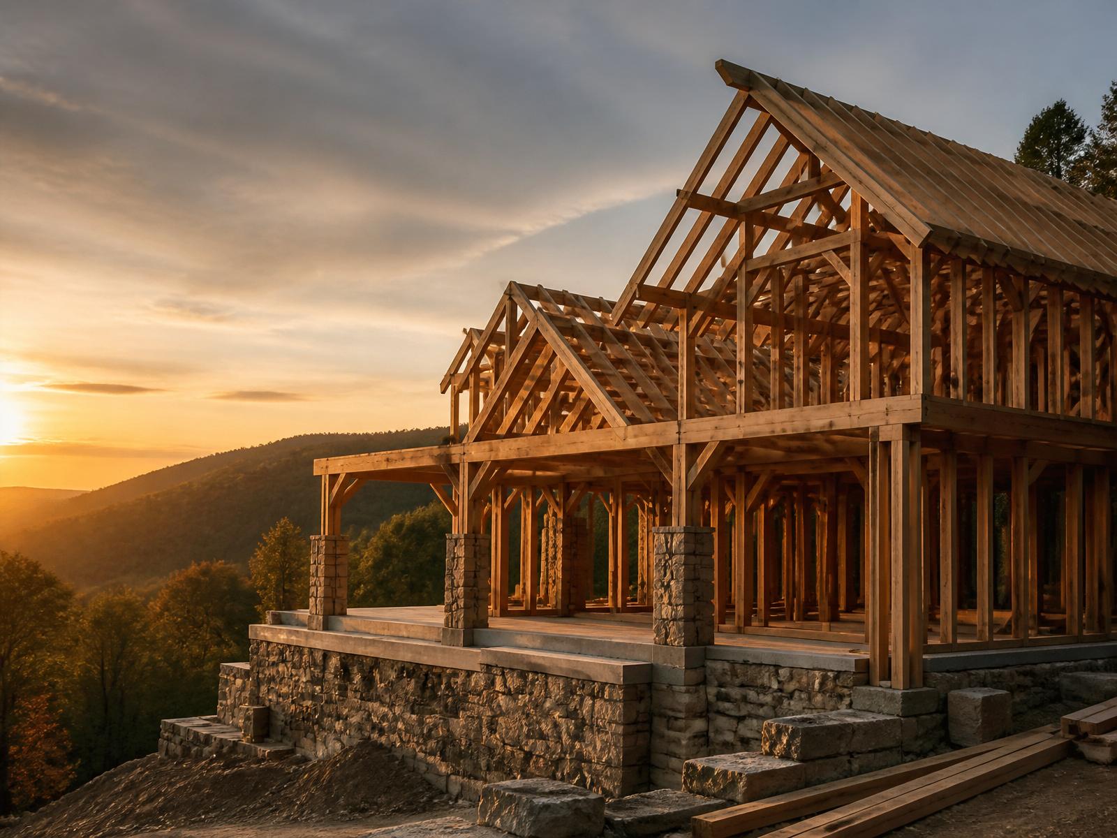 A timber-framed luxury cabin under construction at golden hour
